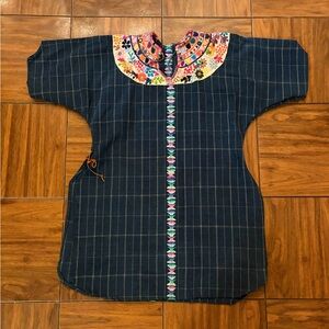 Vintage Mexican Hand-Embroidered Blue Plaid Tunic with Colorful Florals